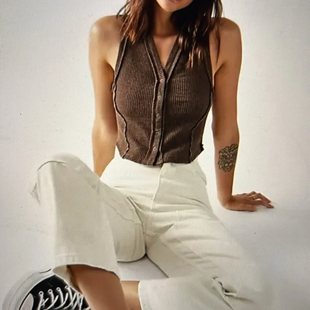 Free People We The Free Cropped Fitted Reo Sweater In Coffee‎ Vest Women XL NEW